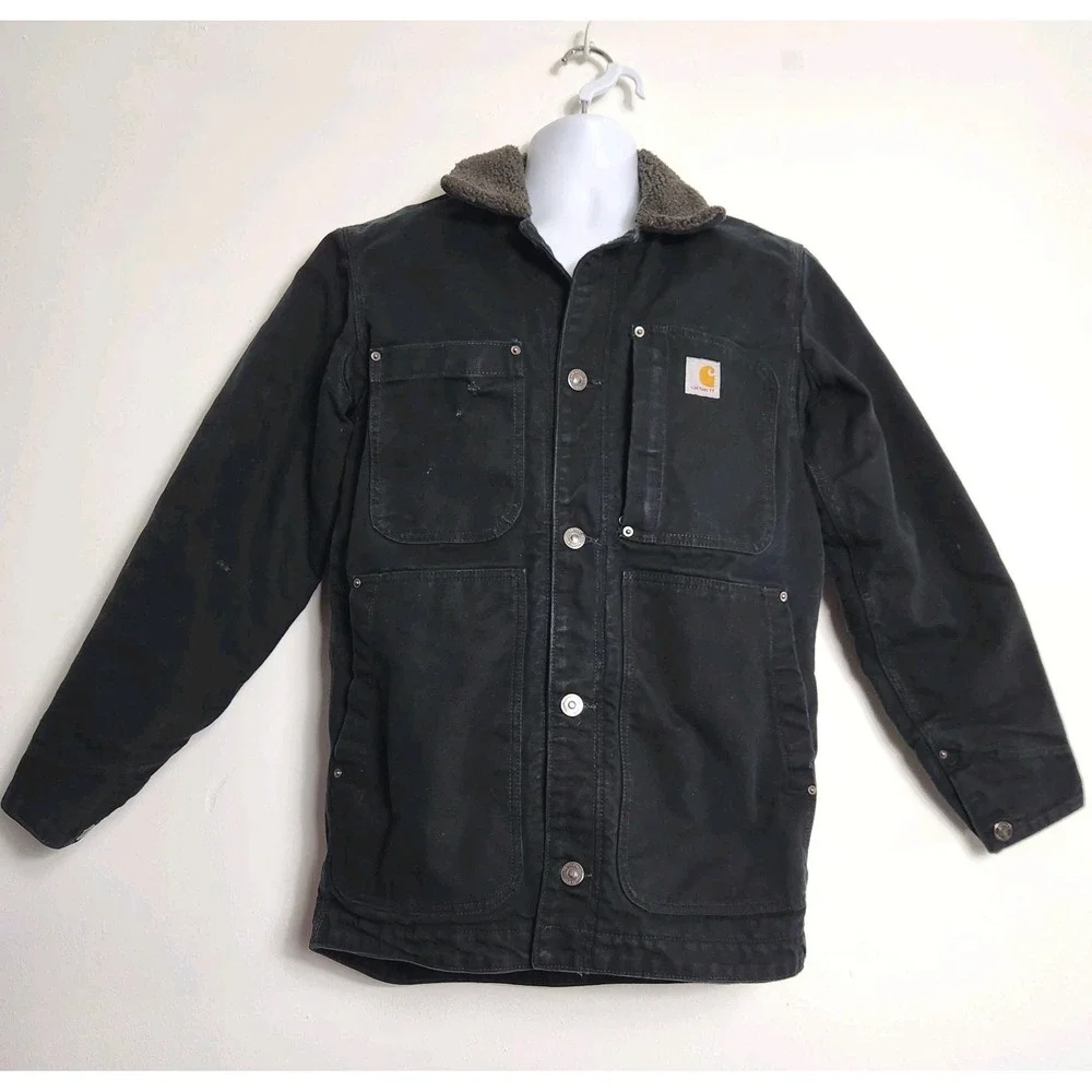 Carhartt Full Swing Jacket Mens Size Small Black Duck Canvas Sherpa‎ Collar Work